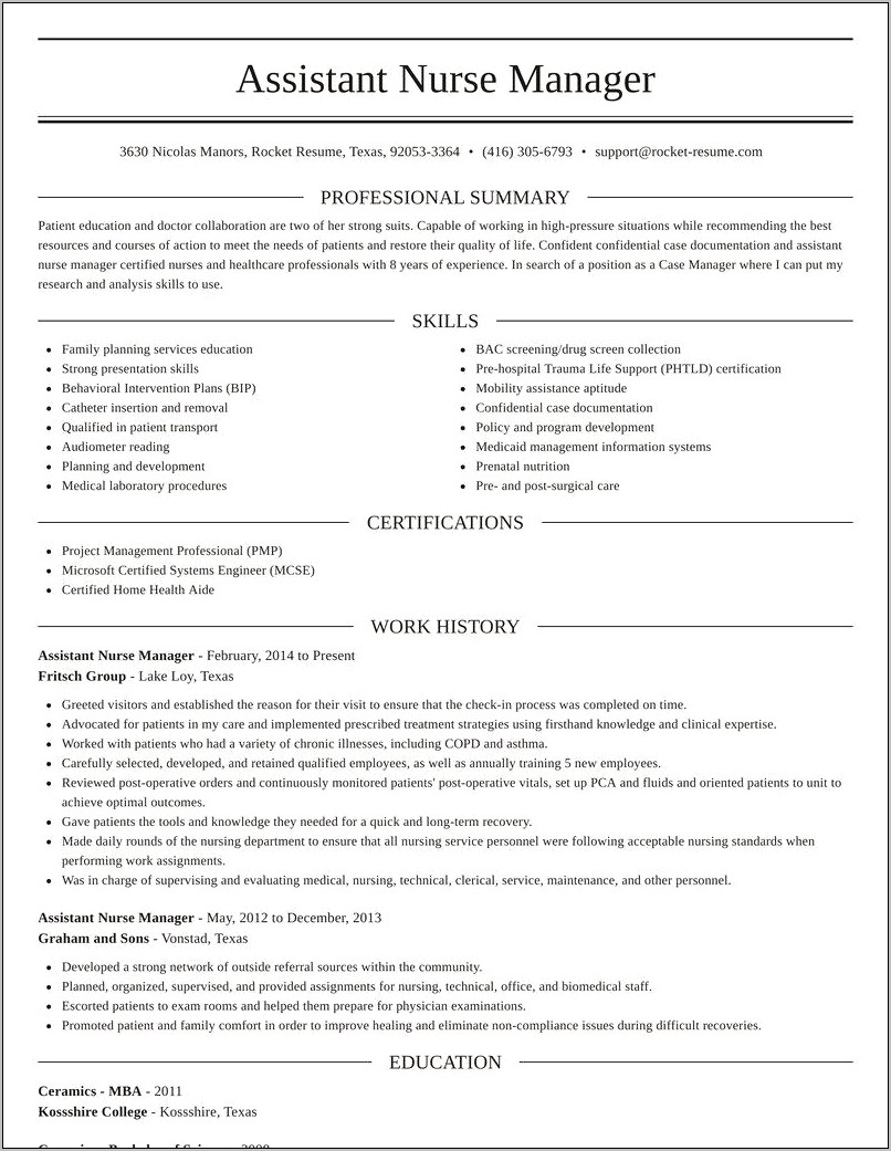 Registered Nurse To Assistant Nurse Manager Resume Examples