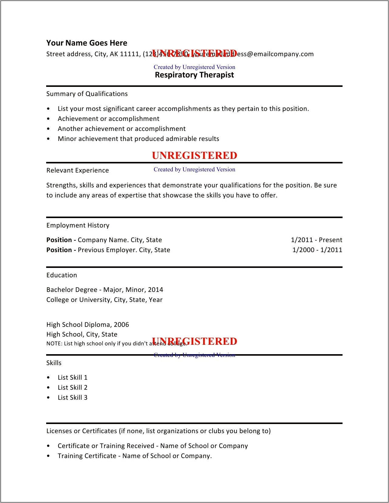 Registered Respiratory Therapy Resume Sample