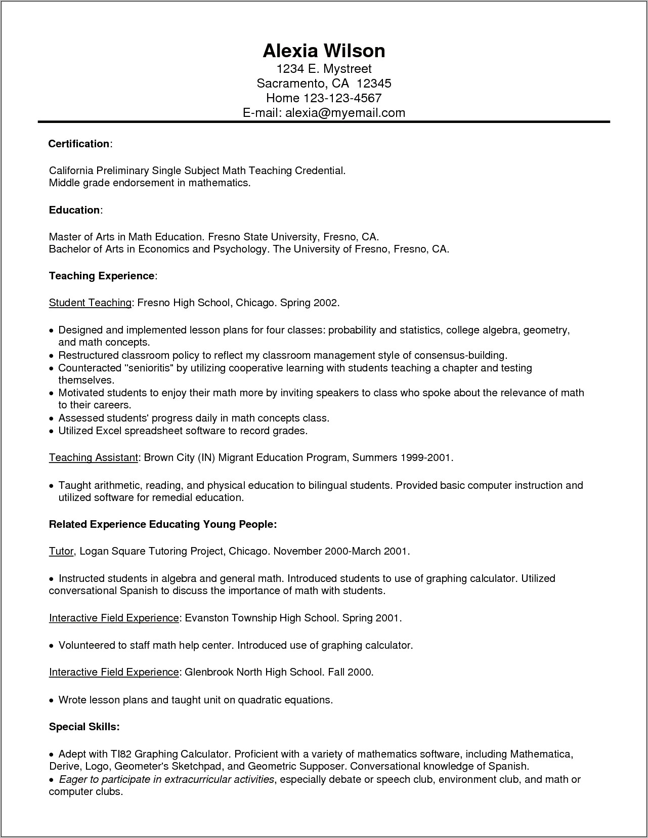 Related Skills For Math Major In Resume