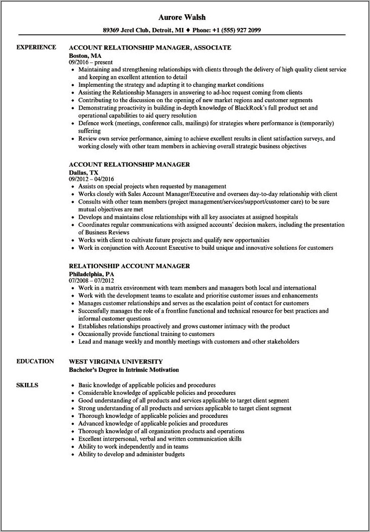Relationship Manager Job Description For Resume