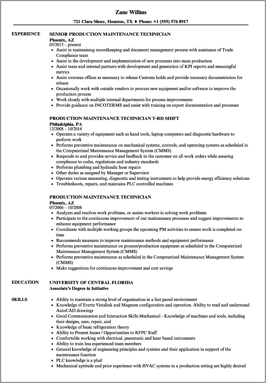 Repair Technician Job Description For Resume