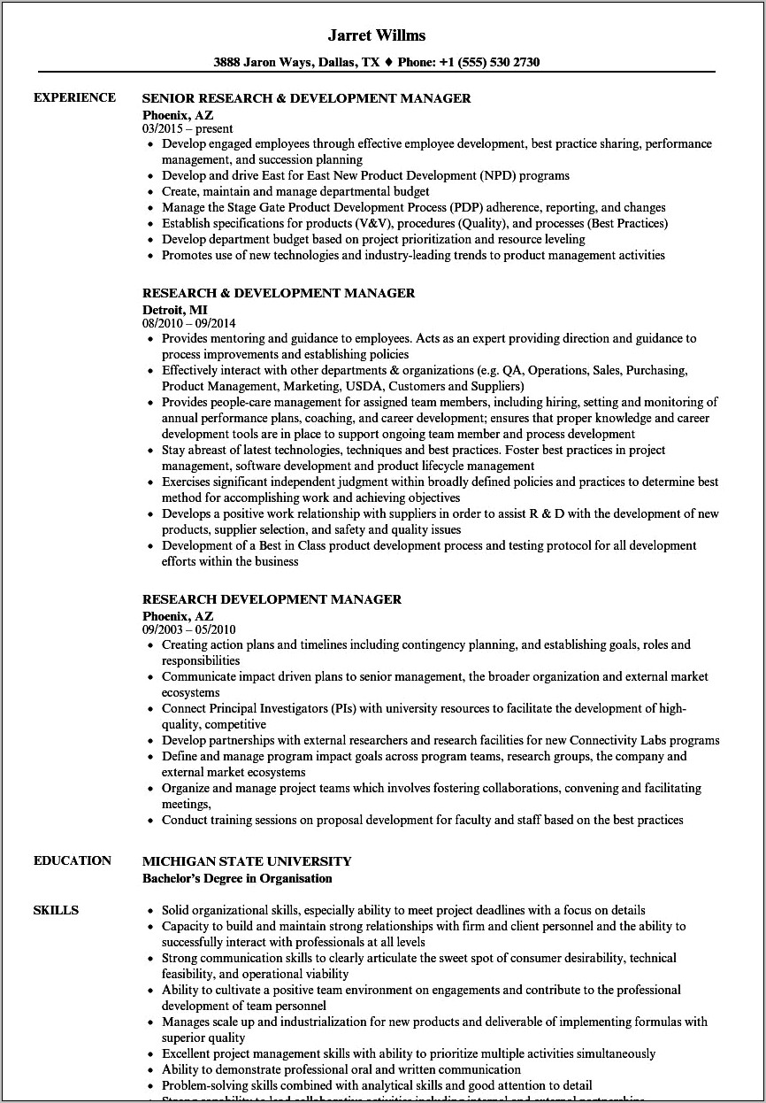 Research And Development Engineer Sample Resume
