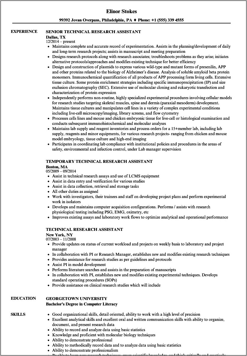 Research Assistant Working Experience In Resume