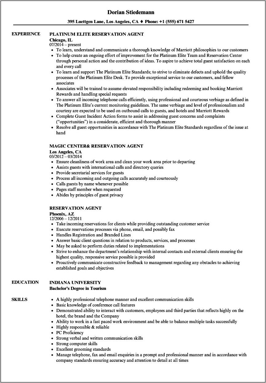 Reservation Agent Job Description For Resume