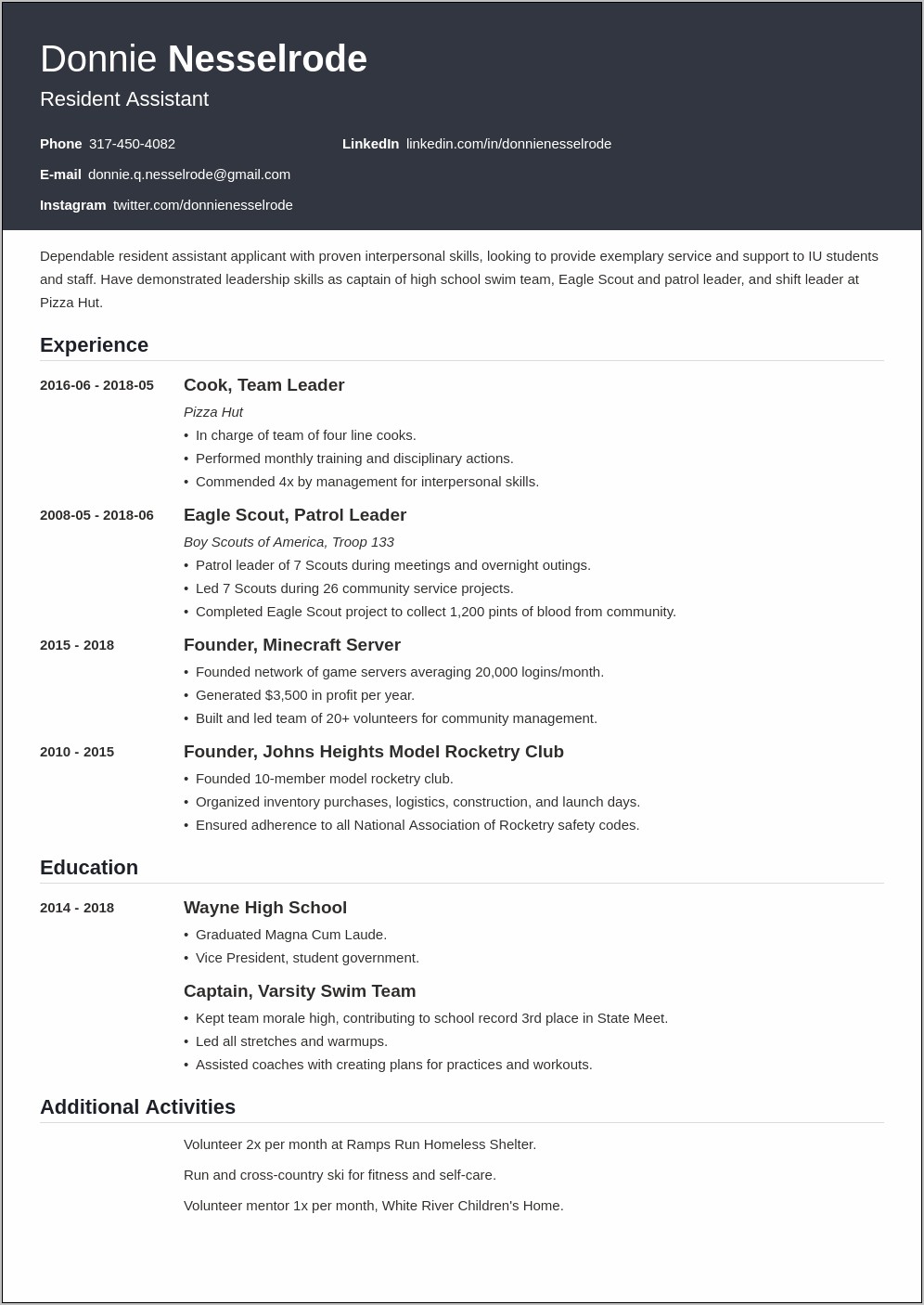 Resident Assistant Resume Objective College