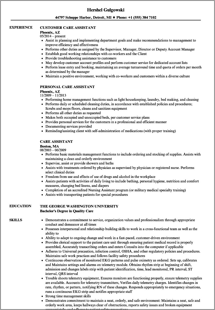 Resident Care Associate Job Description Resume