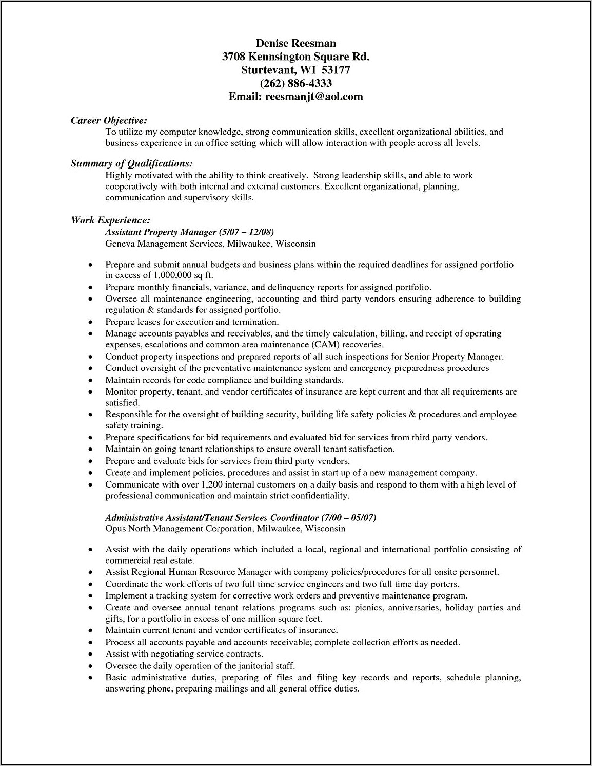 Residential Property Management Assistant Property Manager Resume