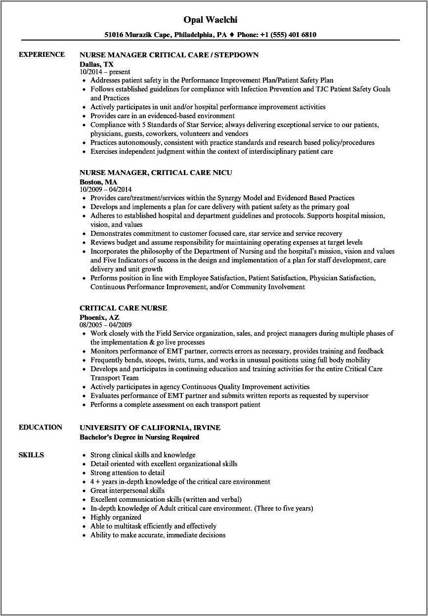 Respiratory Step Down Nurse Job Description Resume