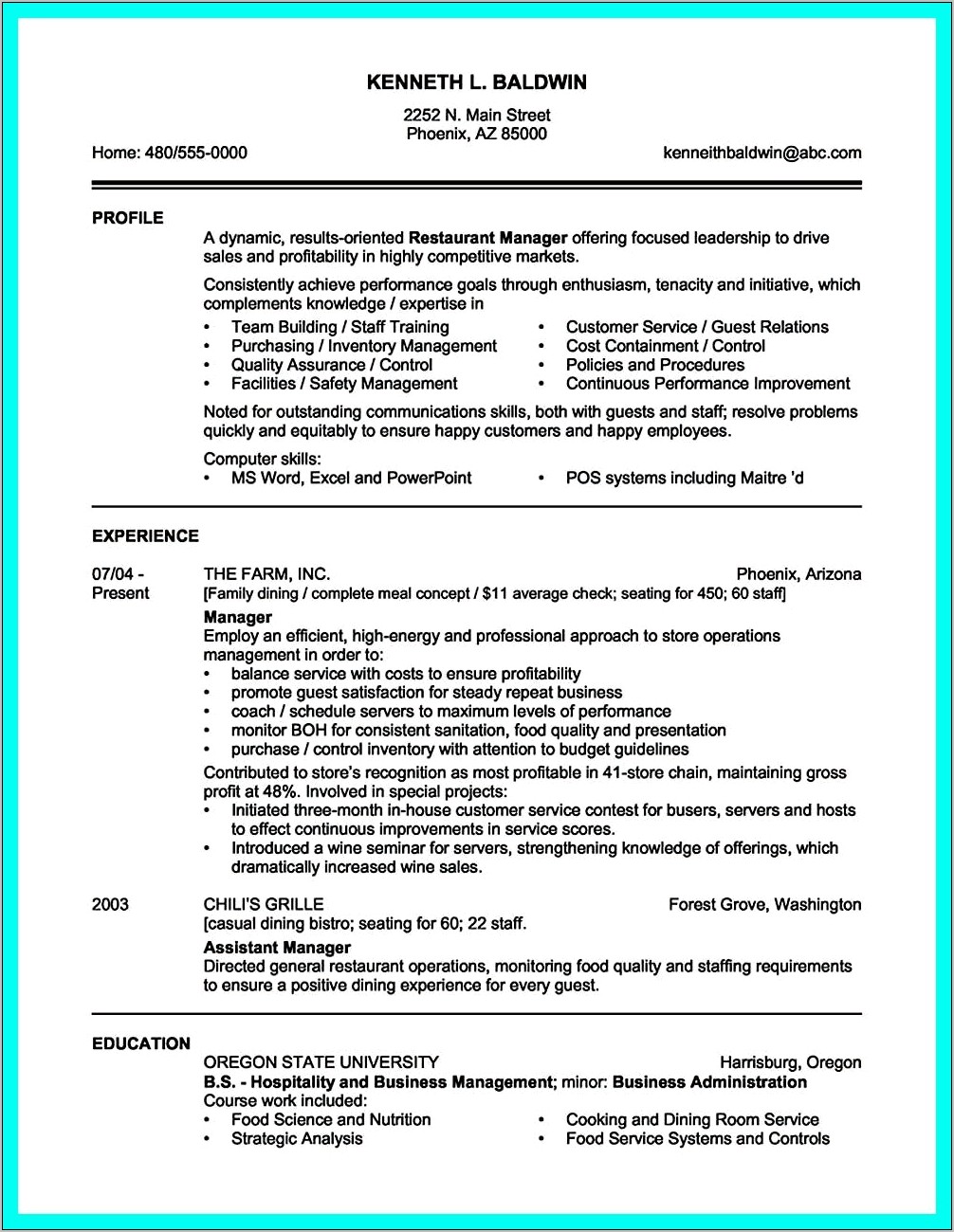 Restaurant And Catering Director Resume Sample
