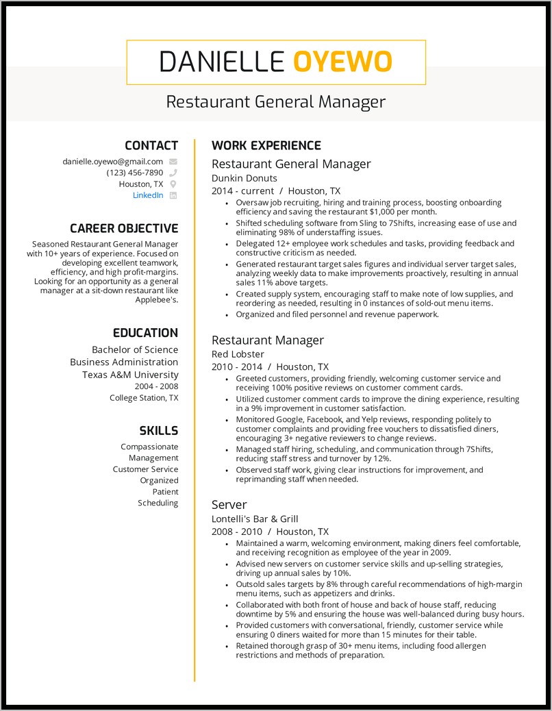 Restaurant General Manager Duties And Responsibilities Resume