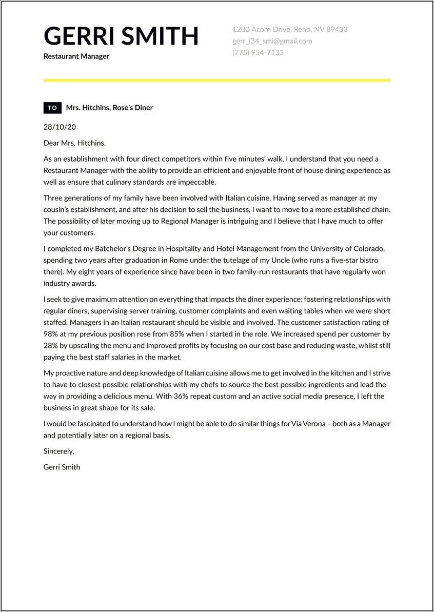 Restaurant General Manager Resume Cover Letter Sample