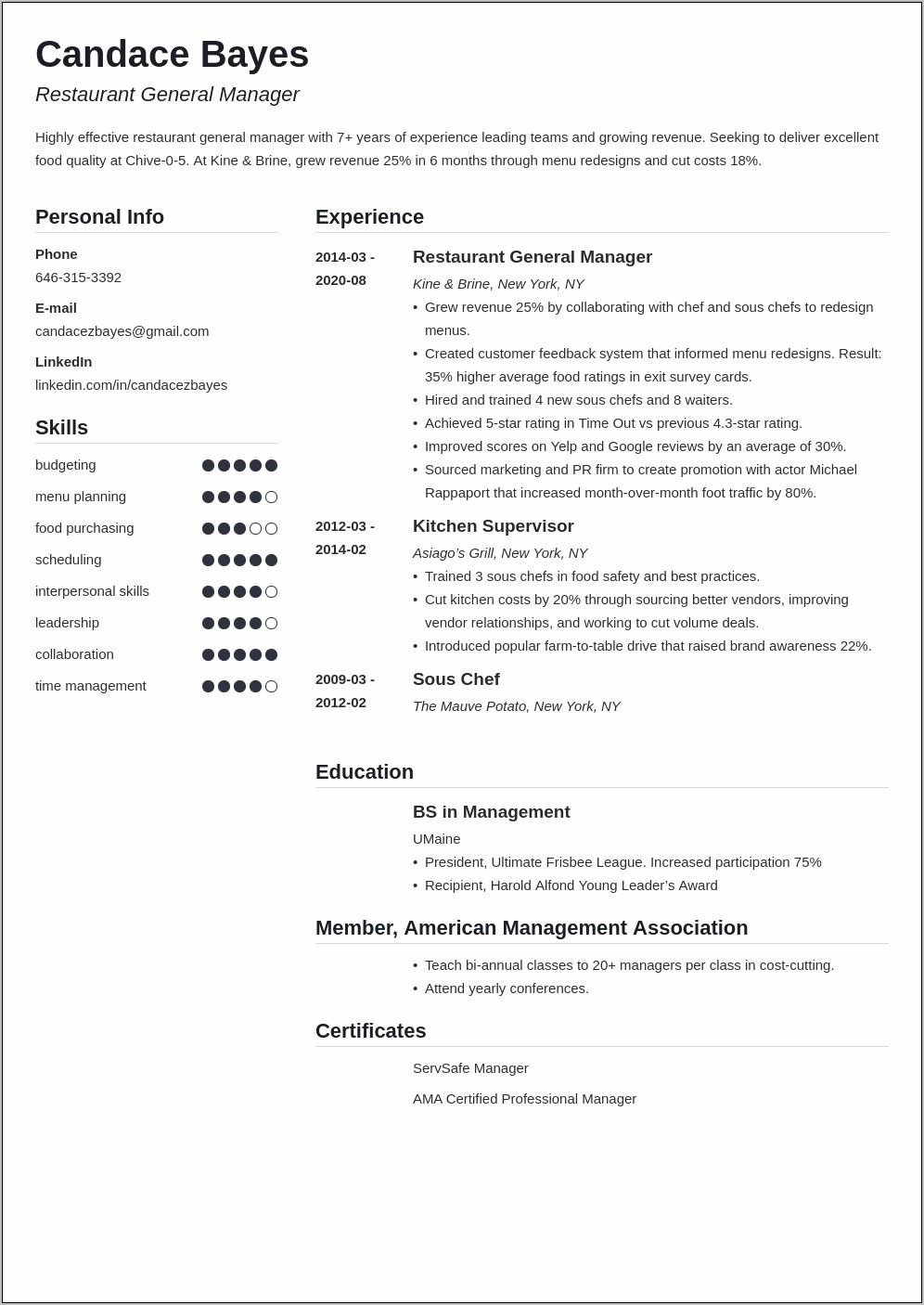 Restaurant General Manager Resume For Online