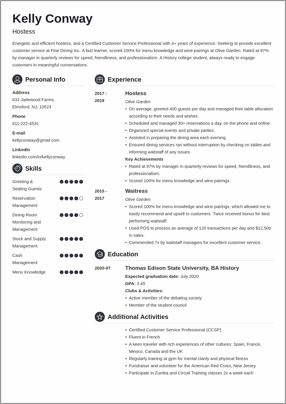Restaurant Hostess Job Description For Resume