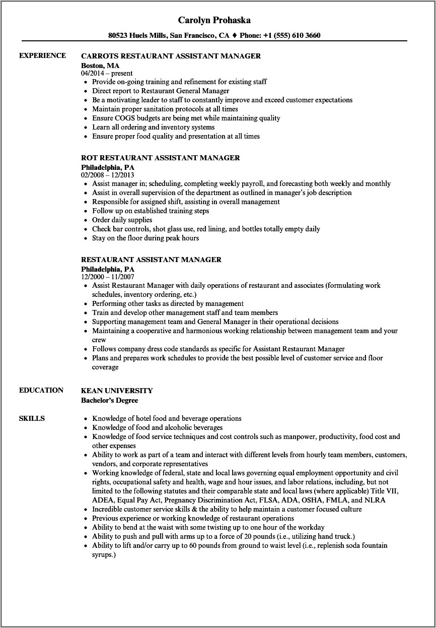 Restaurant Manager Job Description Resume Sample