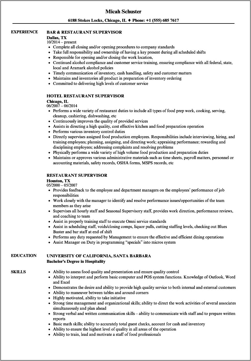 Restaurant Manager Job Experience Resume