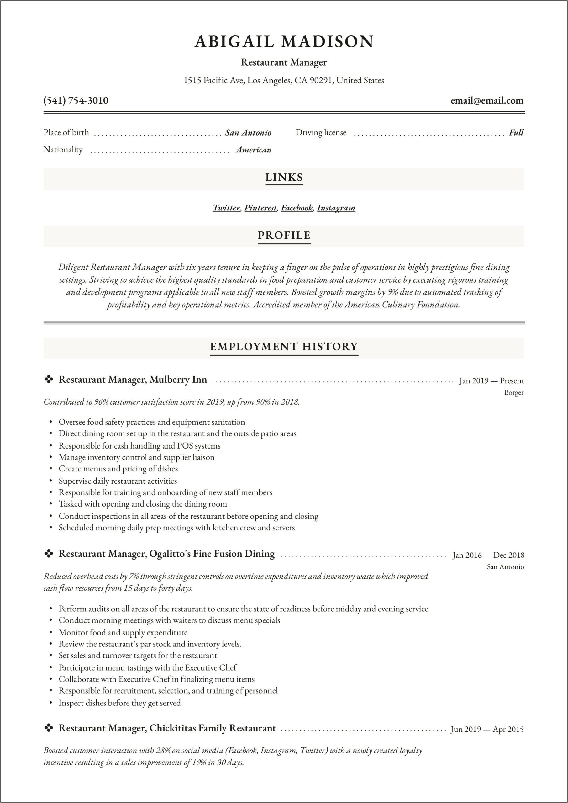 Restaurant Operations Manager Resume Responsibilities Description