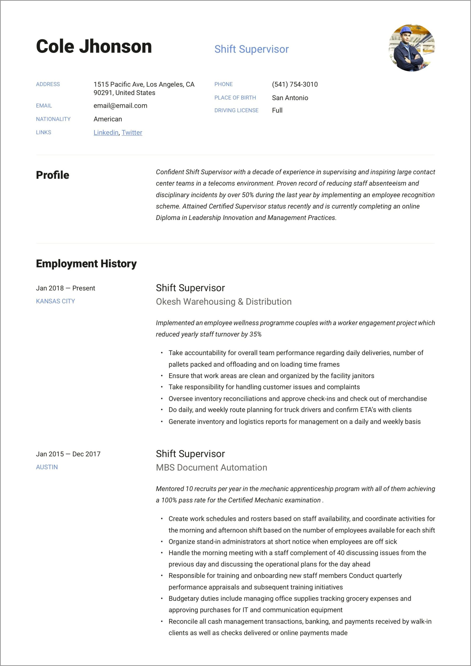 Restaurant Shift Leader Job Description Resume