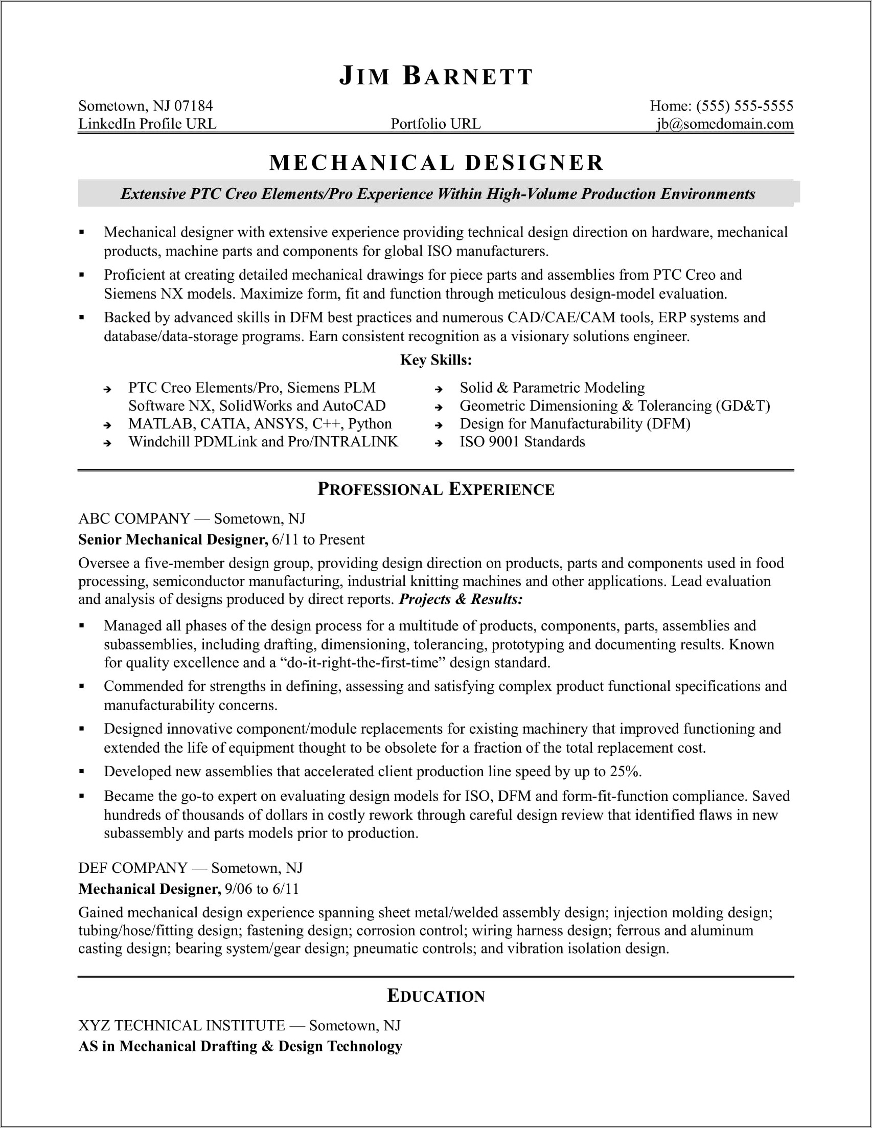 Resume After One Year Experience Sample