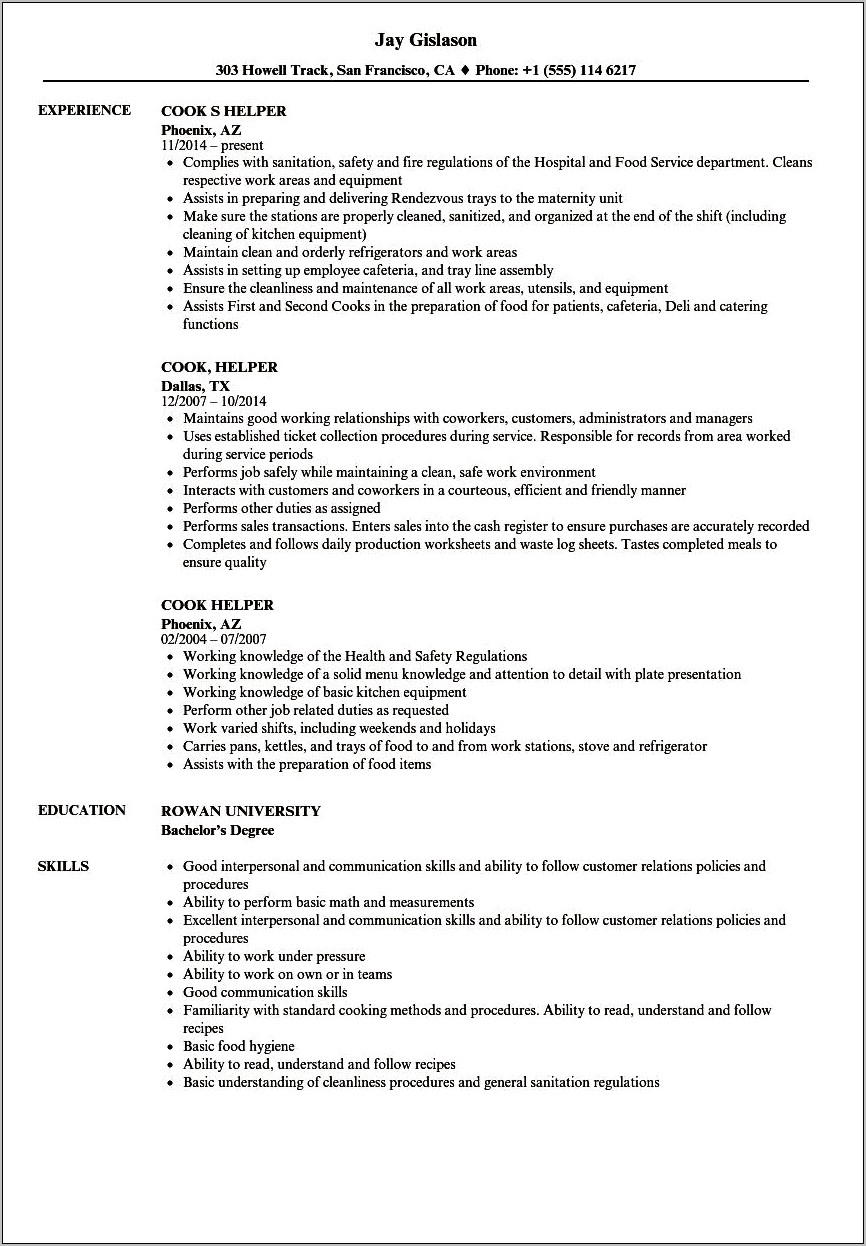 Resume And Cover Letter For Cook Helper