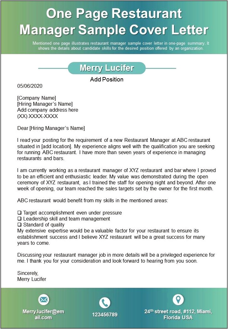 Resume And Cover Letter For Restaurant