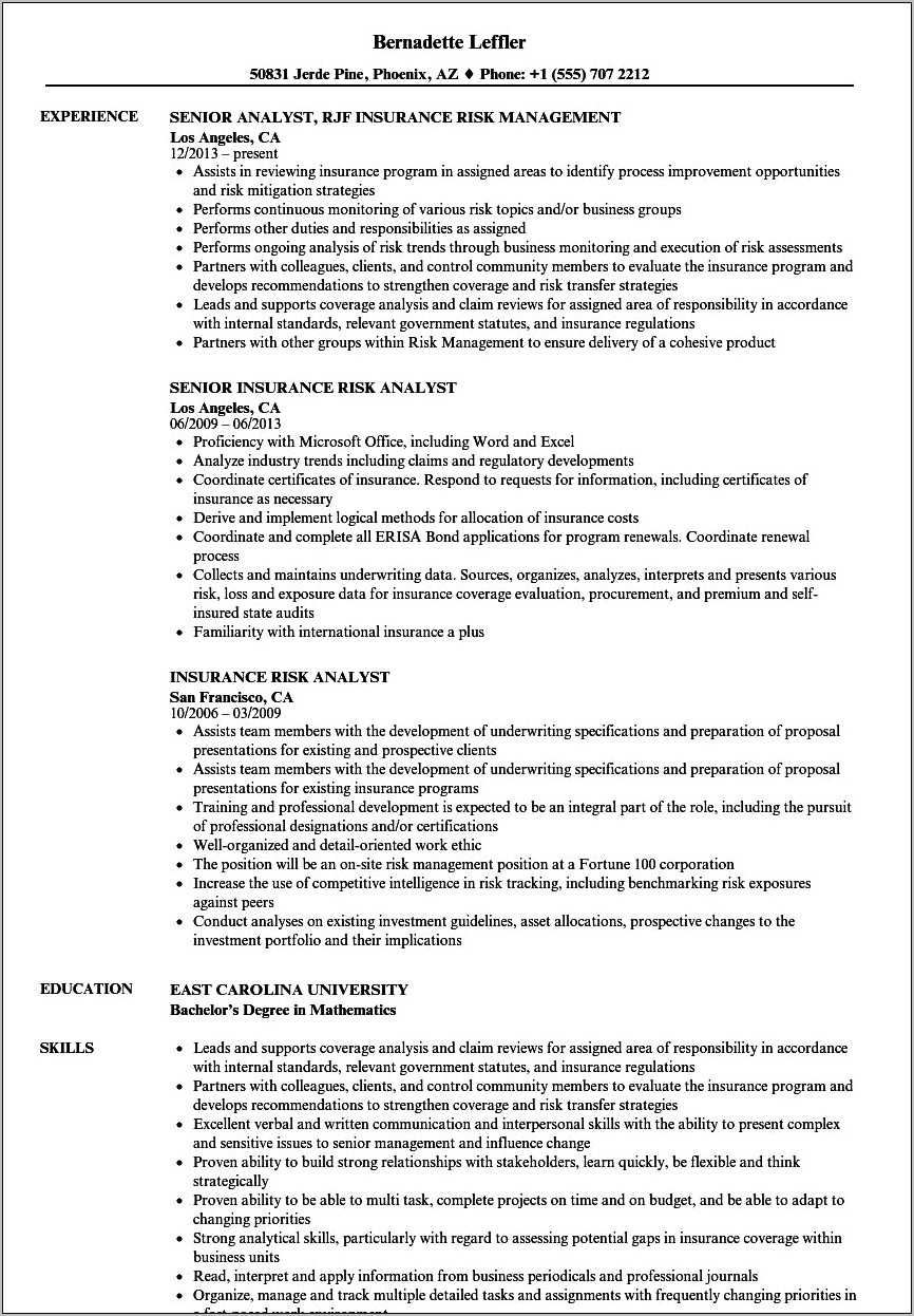 Resume Career Objective For Quantitative Risk And Insurance
