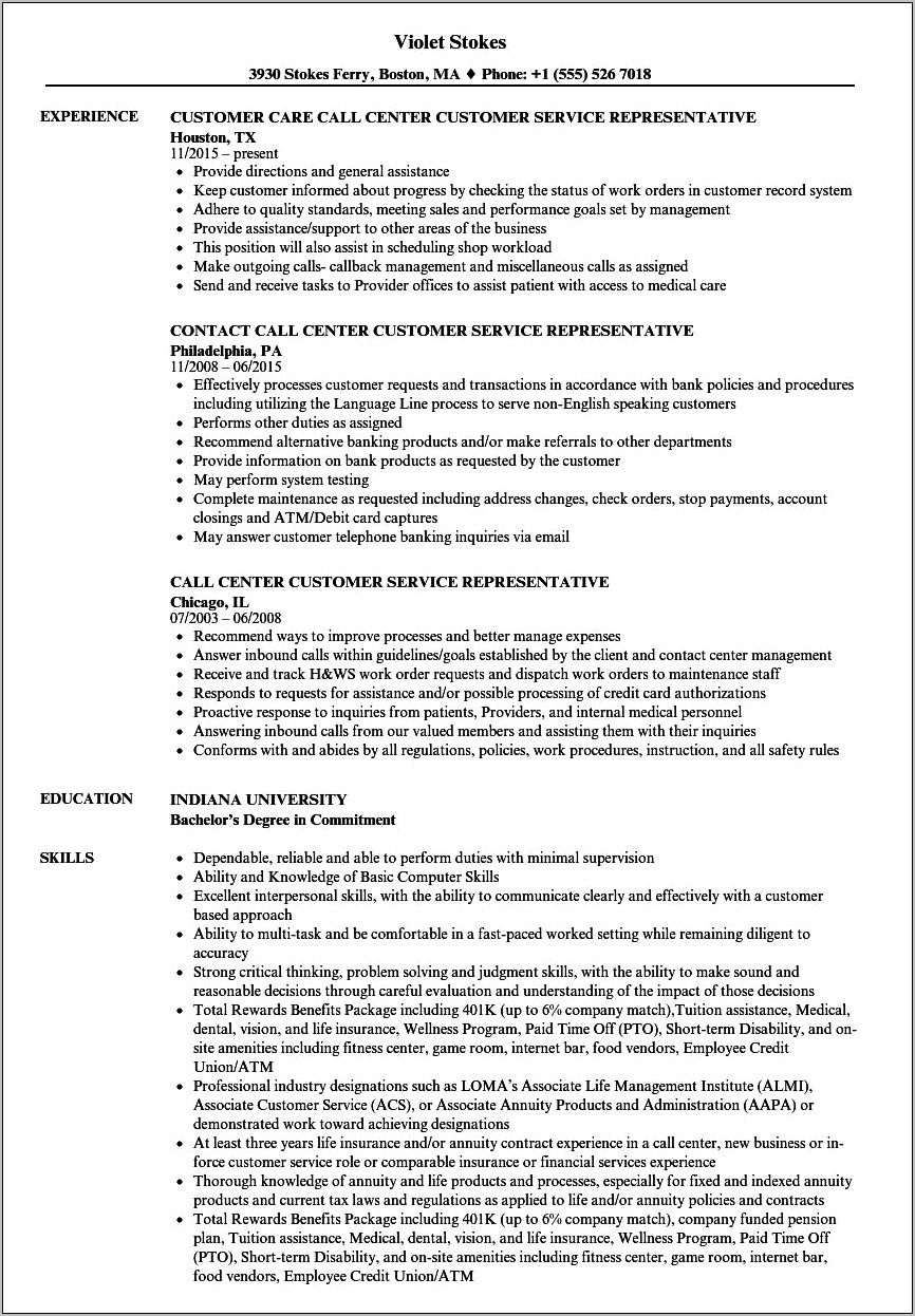 Resume Career Summary Customer Service Call Center