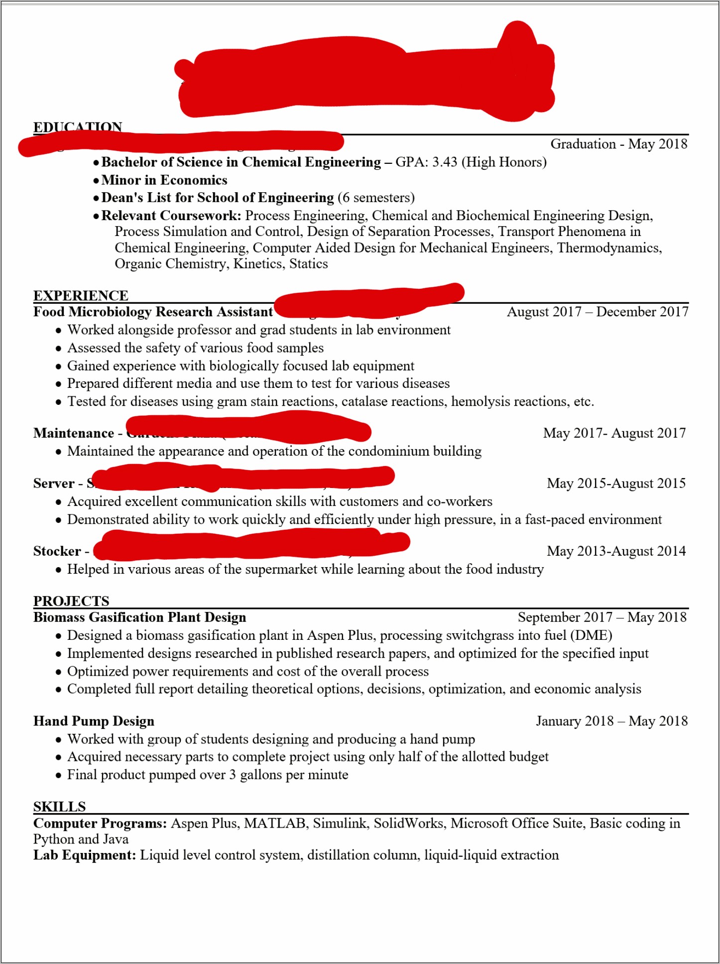 Resume Chemistry Less Than A Year Experience