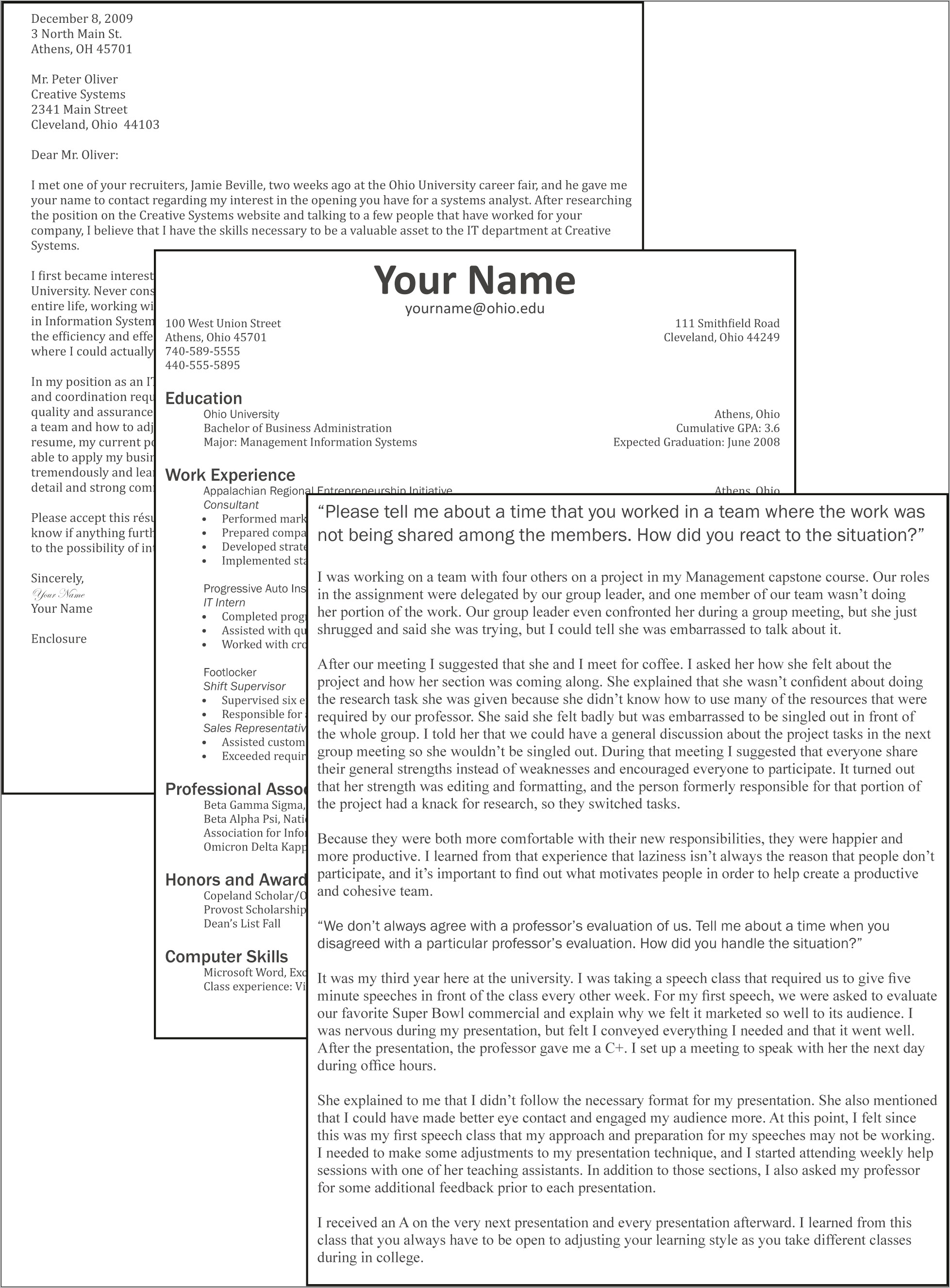 Resume Cover Letter And Assessment Table