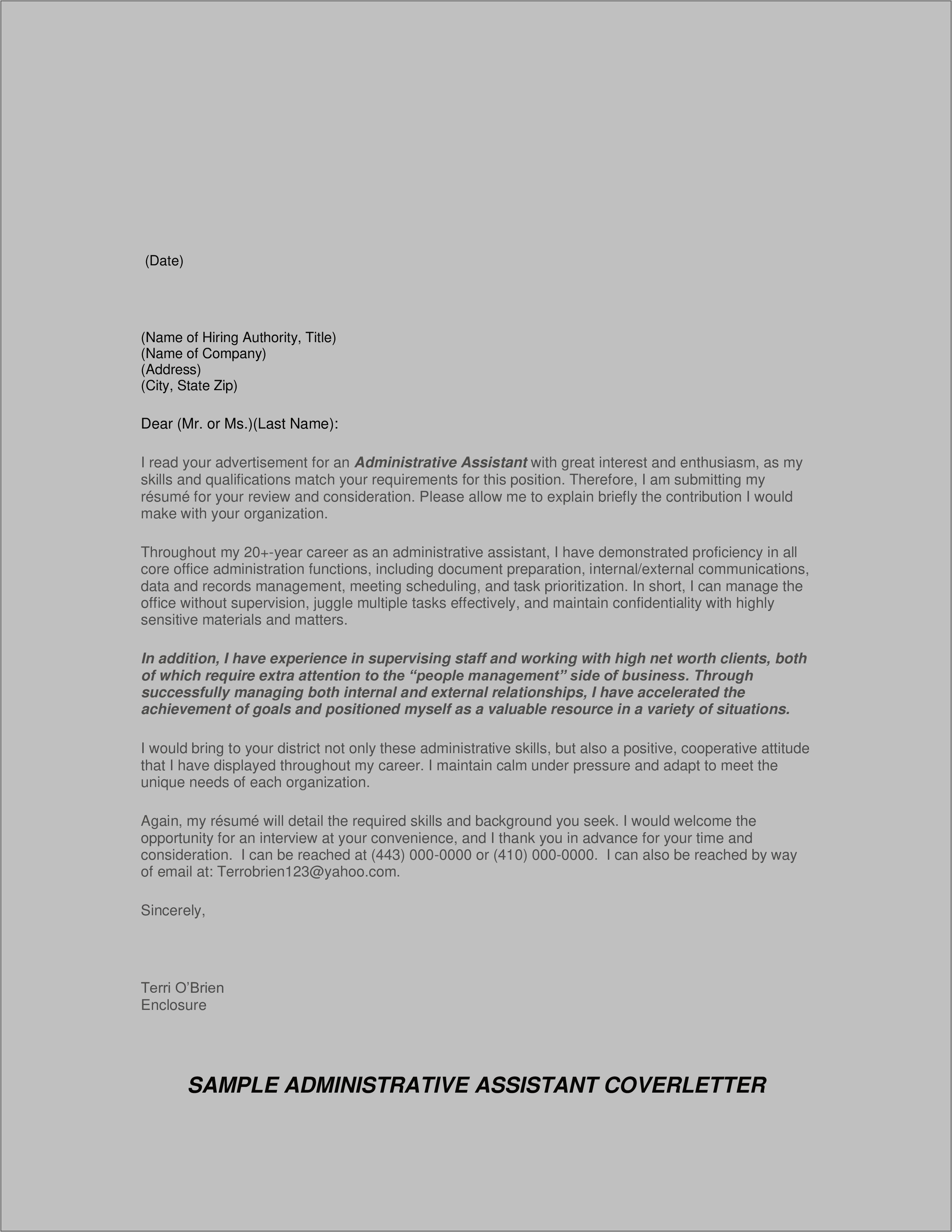 Resume Cover Letter Example Administrative Position