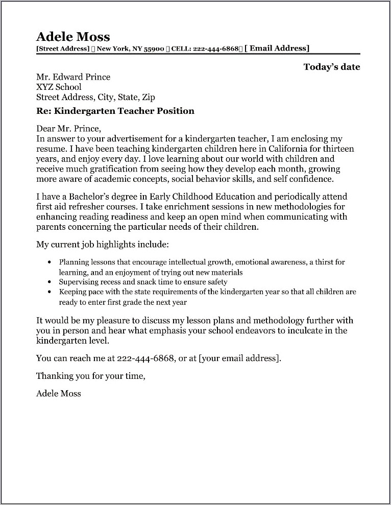Resume Cover Letter Example For Kindergarten Aide