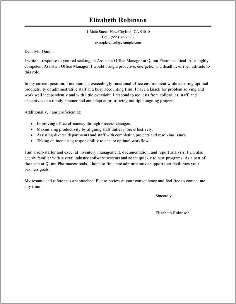 Resume Cover Letter Examples For Office Manager