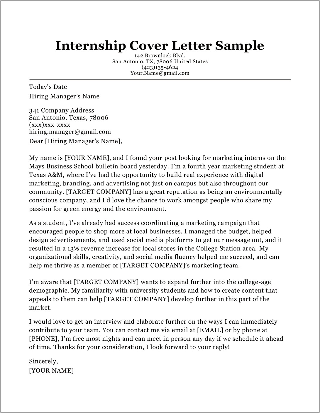 Resume Cover Letter For College Internship