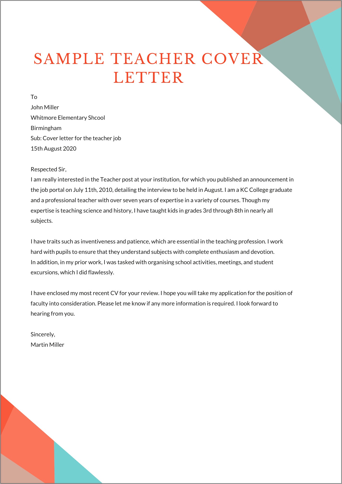 Resume Cover Letter For Elementary Teaching Positioin