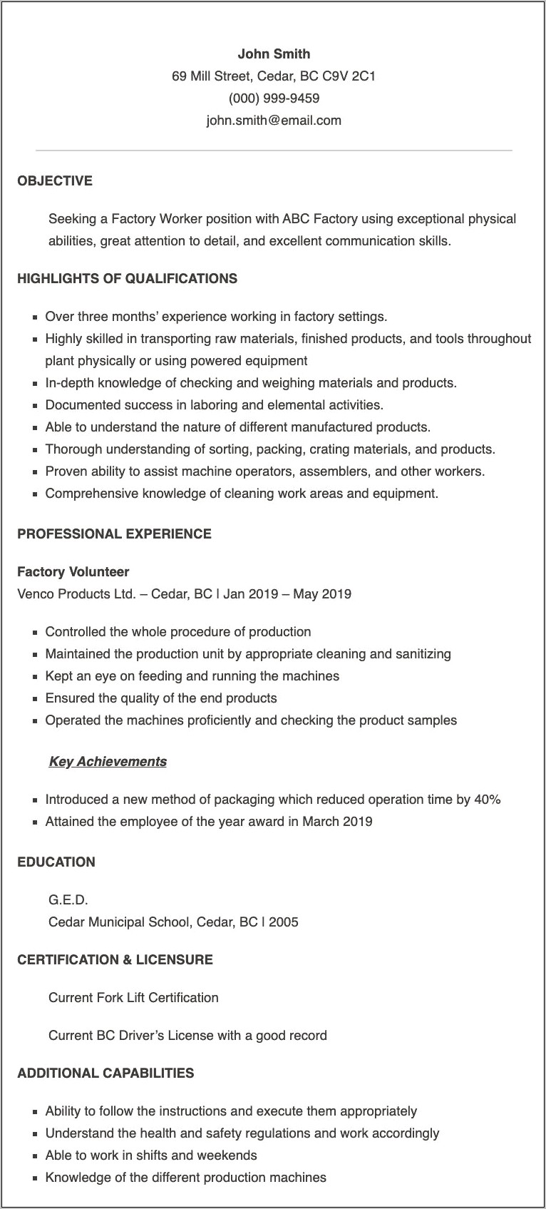 Resume Cover Letter For Factory Worker