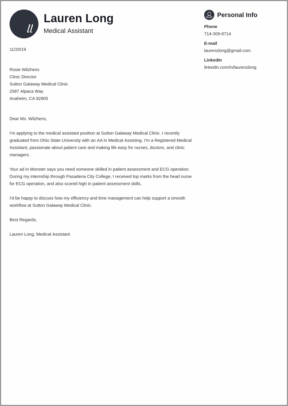 Resume Cover Letter For Medical Secretary
