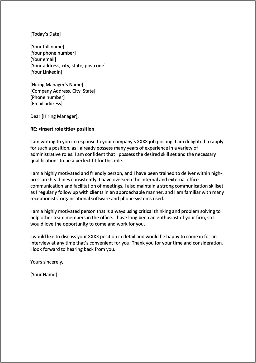 Resume Cover Letter For Office Receptionist Position