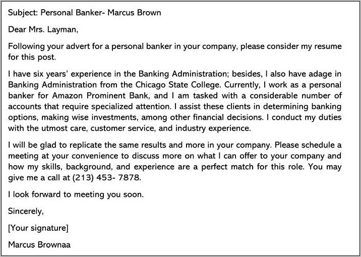 Resume Cover Letter For Personal Banker