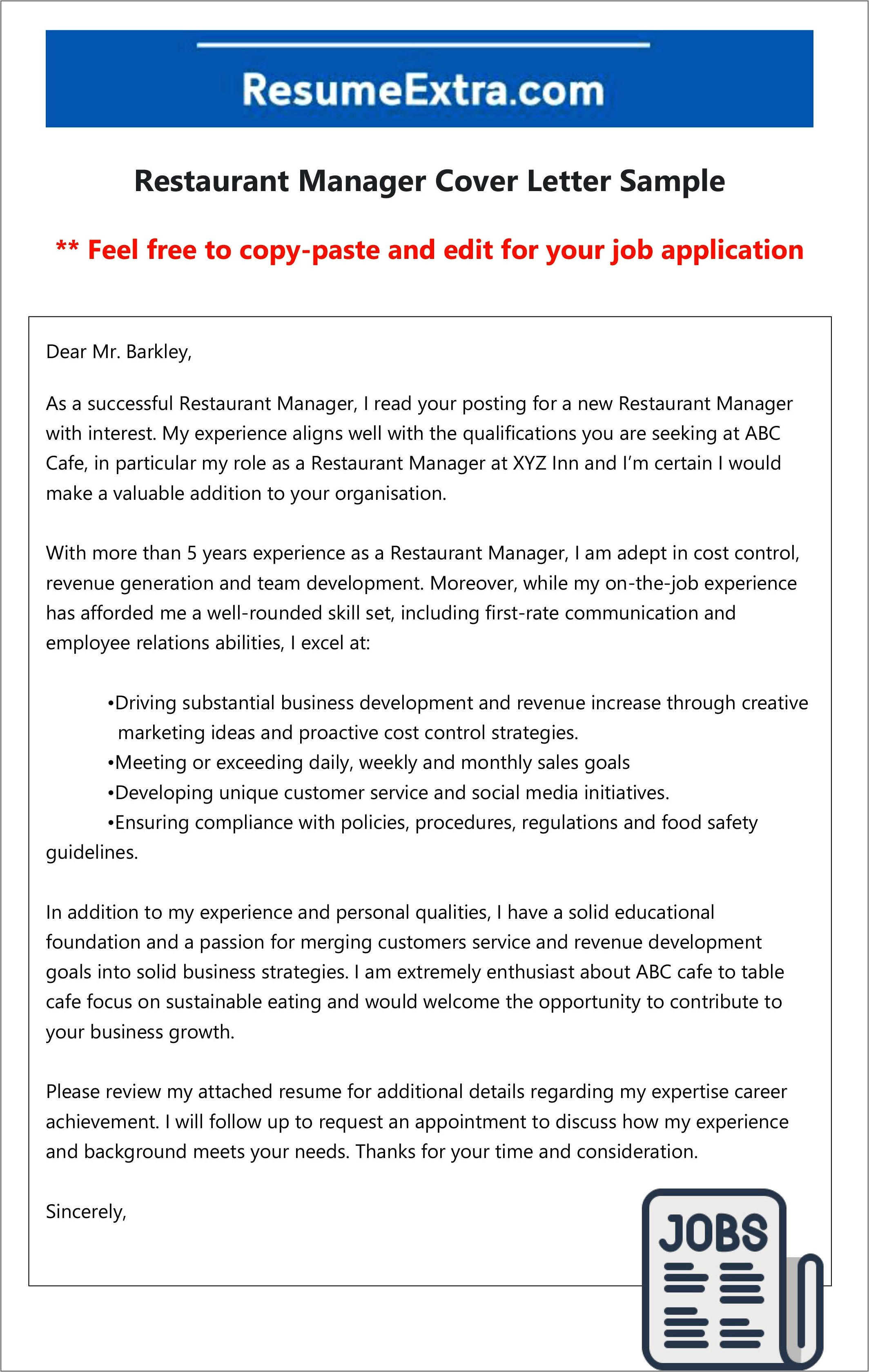 Resume Cover Letter For Restaurant Manager