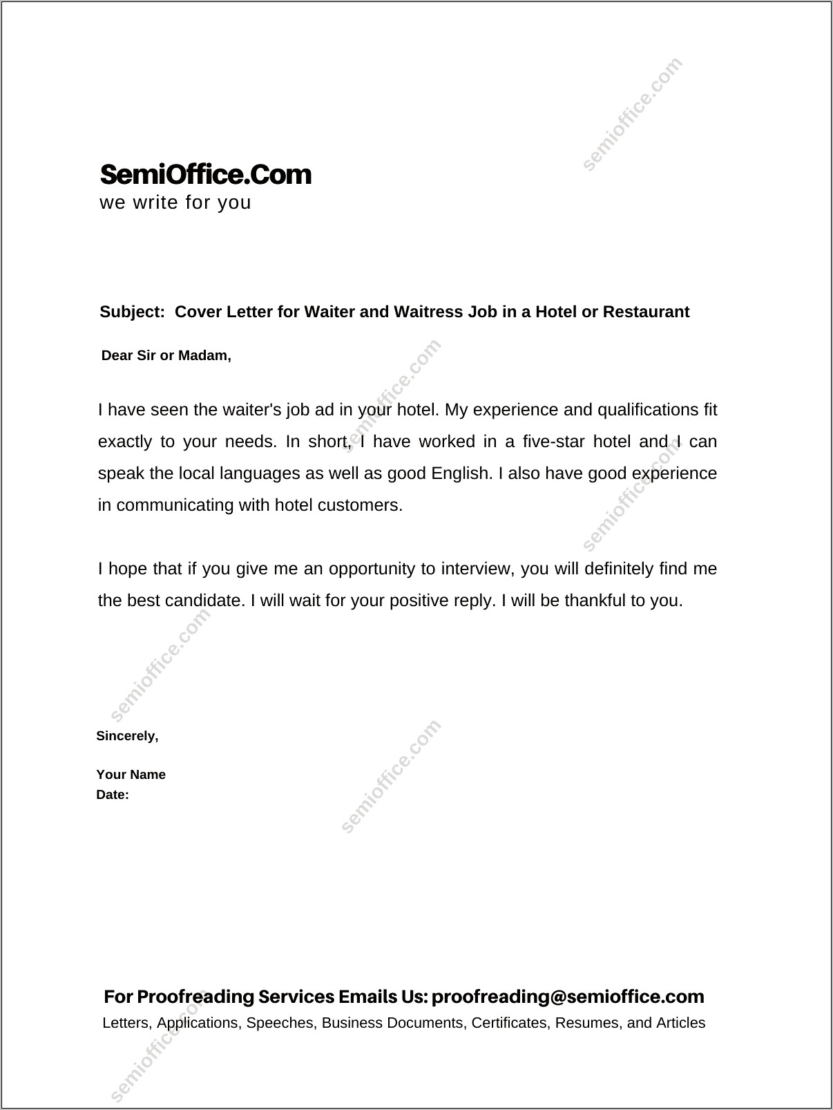 Resume Cover Letter For Restaurant Server