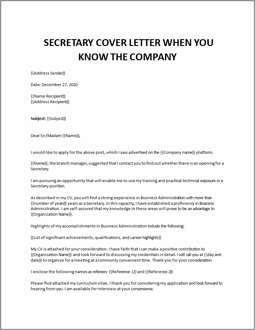 Resume Cover Letter For Secretary Position