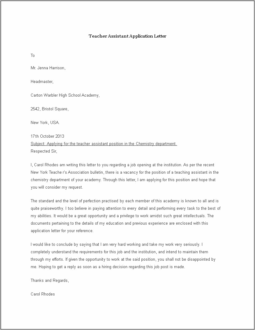Resume Cover Letter For Teacher Assistant