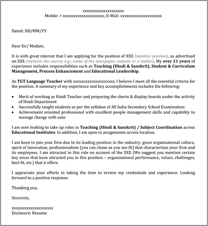 Resume Cover Letter For Teaching Position