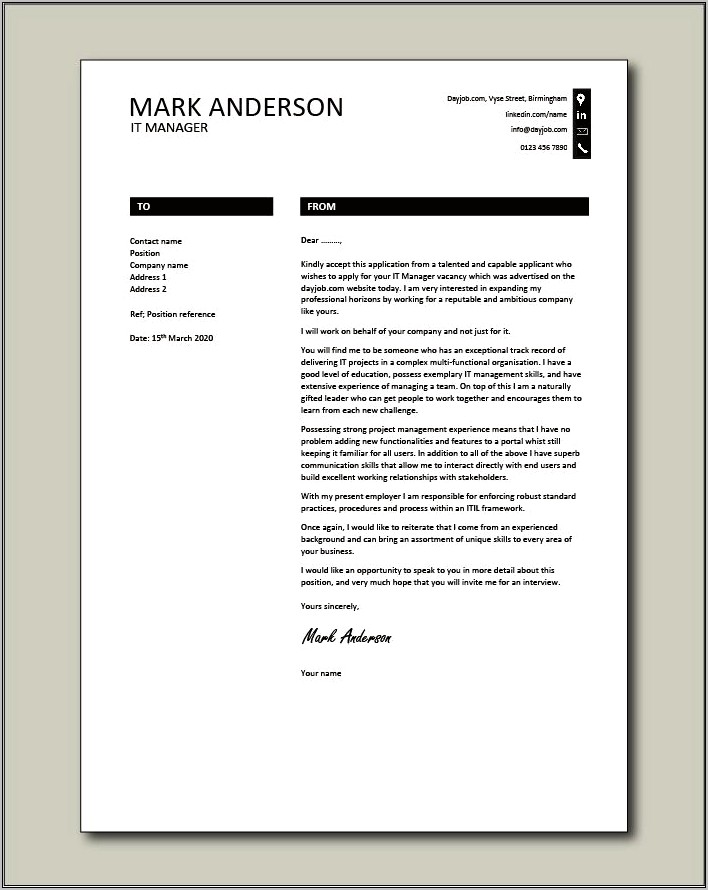 Resume Cover Letter For Technical Management Position