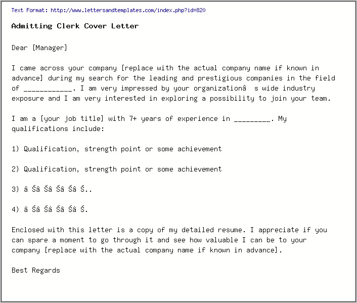 Resume Cover Letter For Unit Clerk