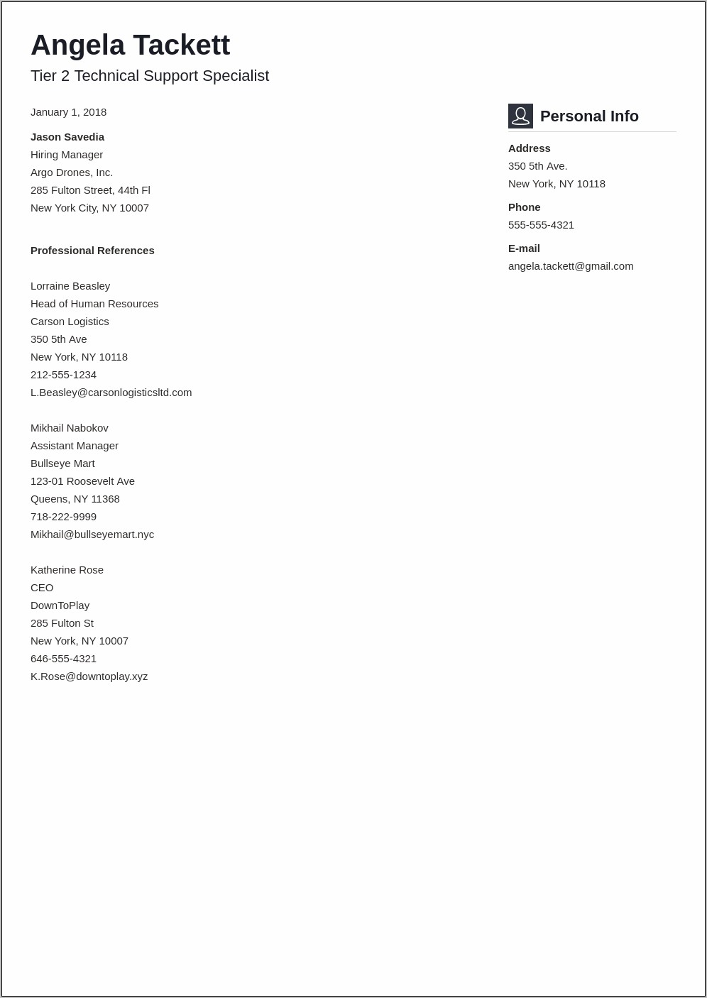 Resume Cover Letter References List Example