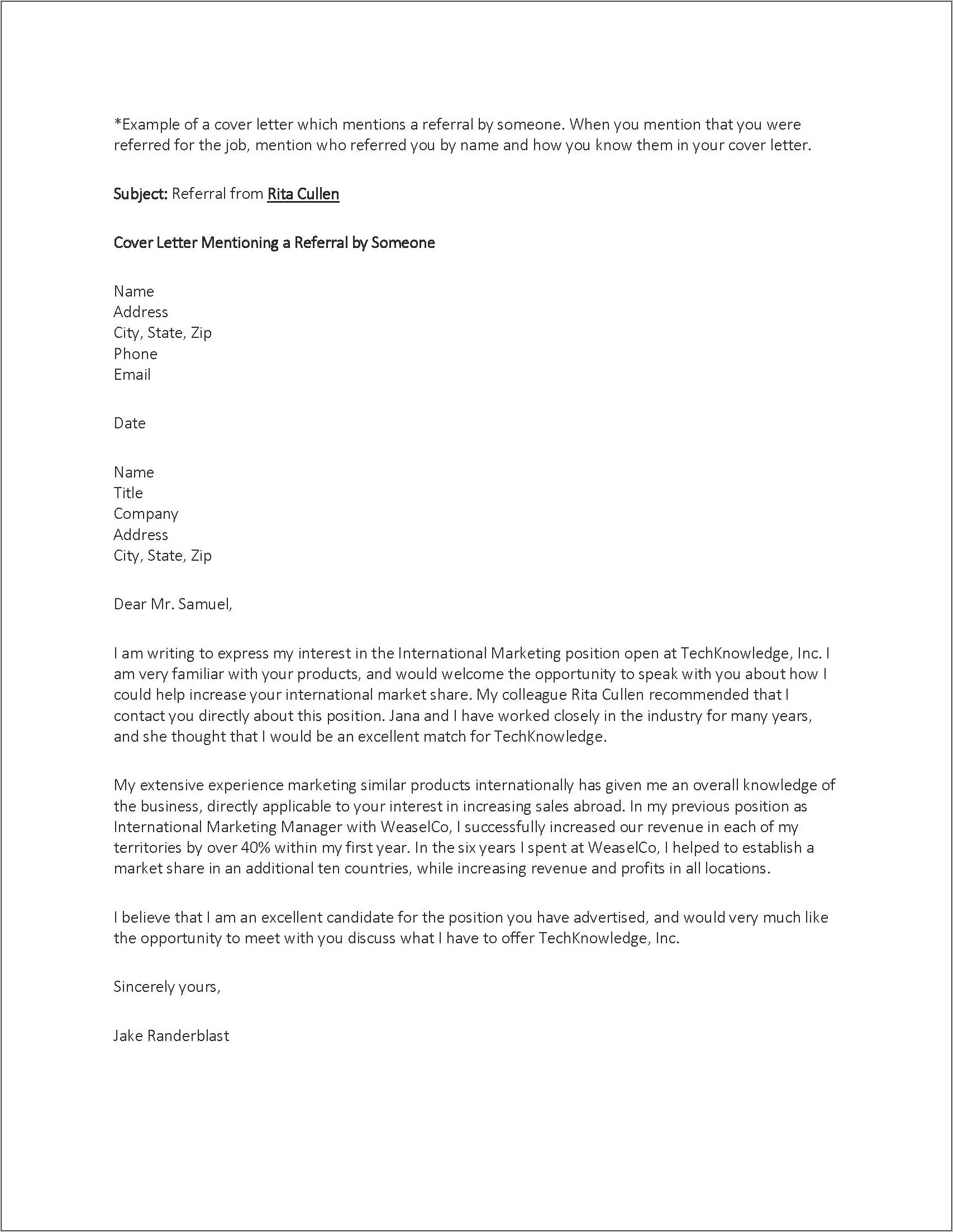 Resume Cover Letter Referred By Someone