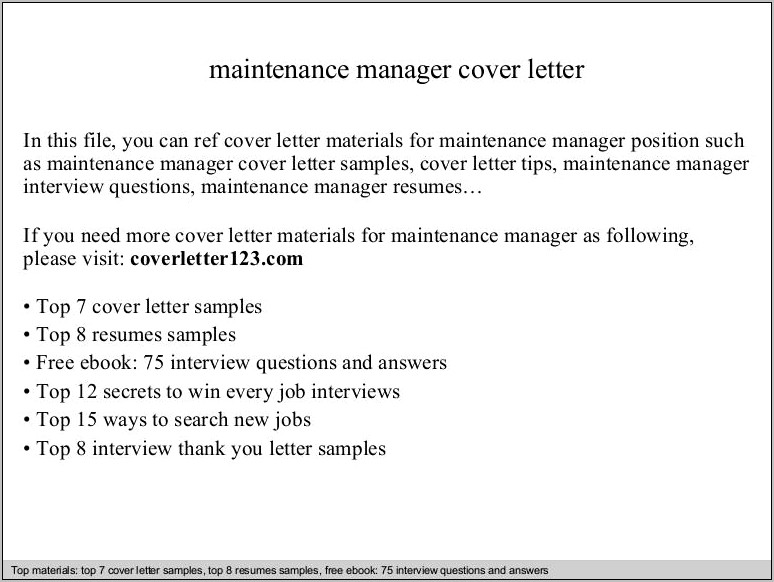 Resume Cover Letter Sample For Maintenance Manager
