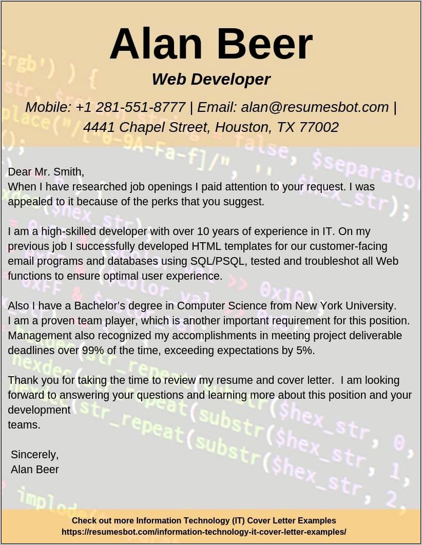 Resume Cover Letter Sample For Programmer