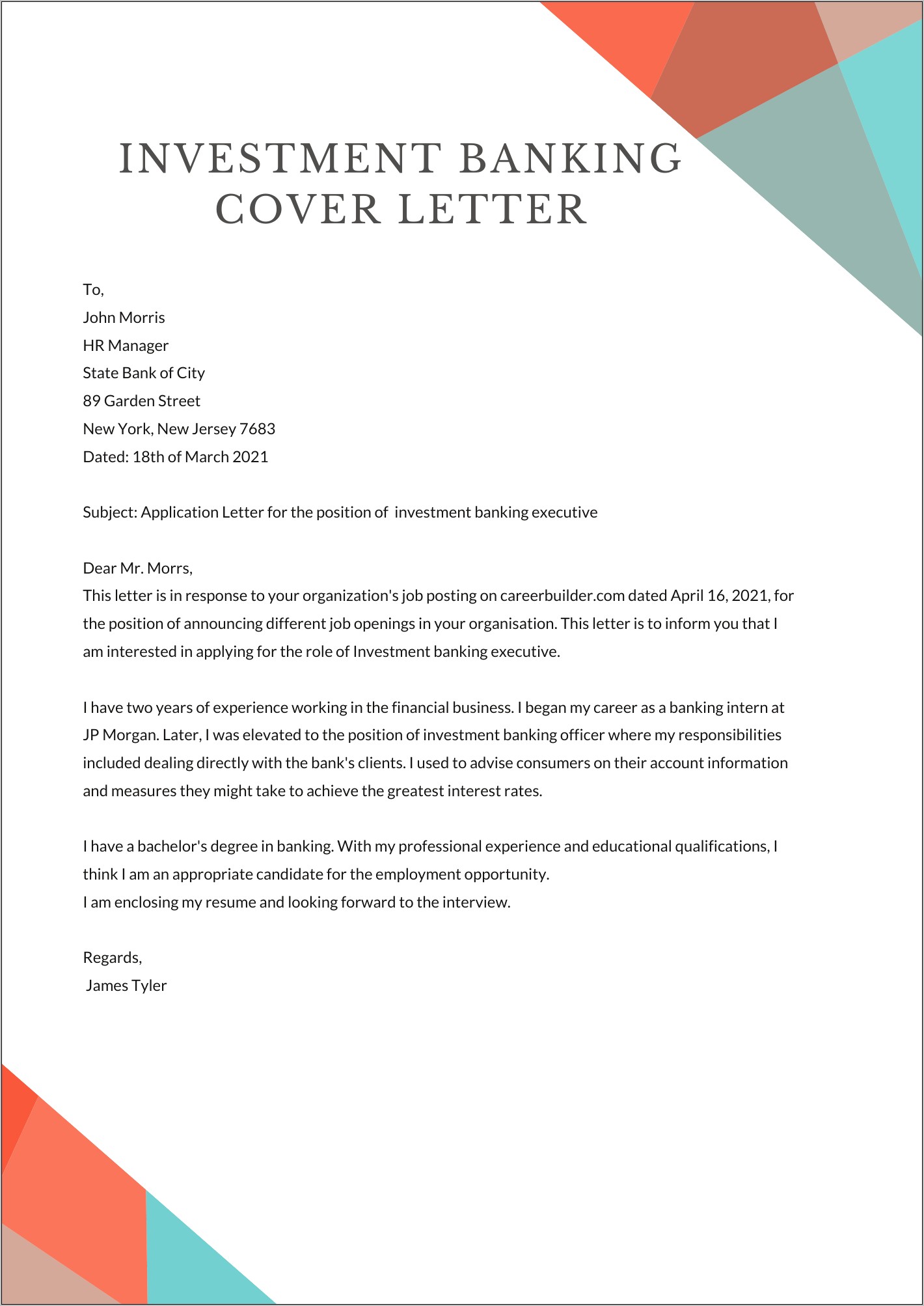Resume Cover Letter To A Bank