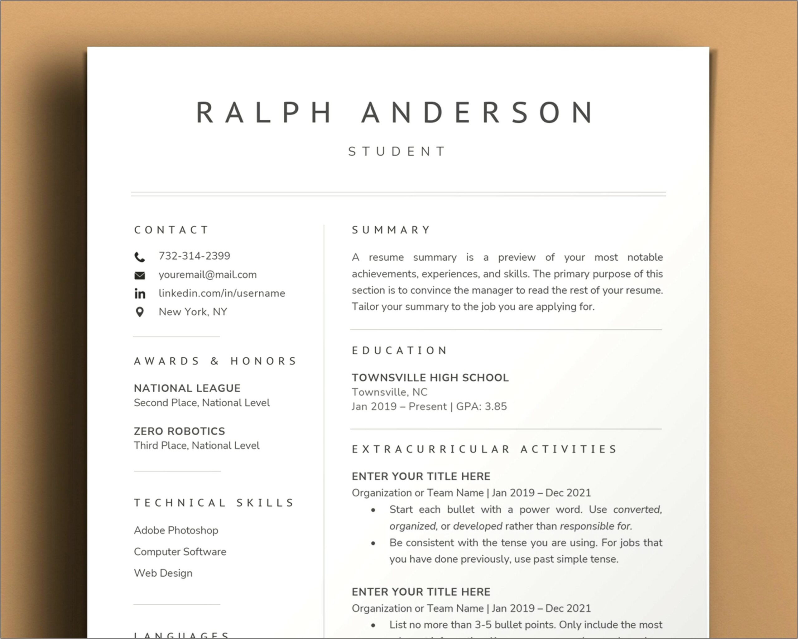 Resume Cover Page Of A High School Student
